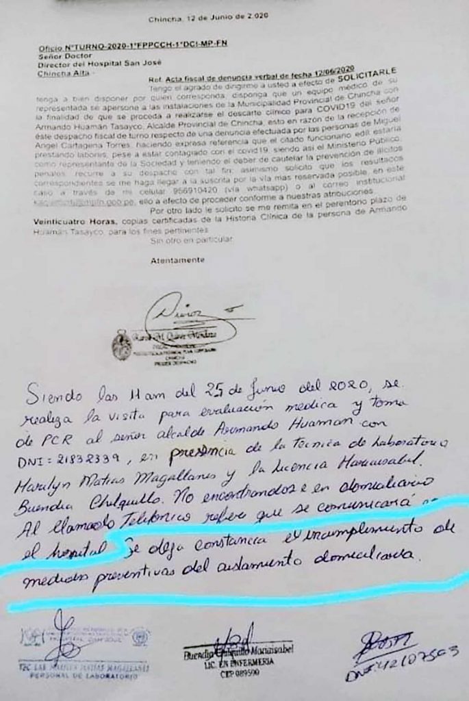 Alcalde de Chincha es portador del COVID-19 y no cumple con el aislamiento domiciliario